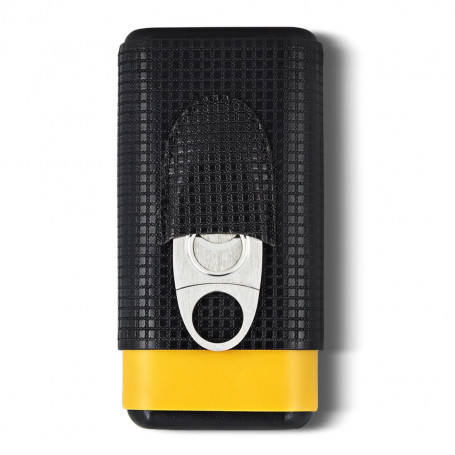 Black and Yellow 3 Cigars Case with Cigar Cutter