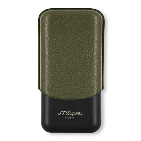 Triple Cigar Case S.T. Dupont, Khaki Leather with Matte Black Metal Details