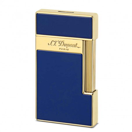 Design azul brilhante e detalhes dourados no isqueiro Slimmy S.T. Dupont