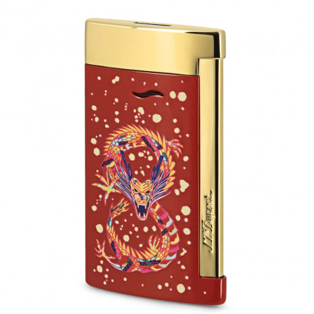 Feuerzeug S.T. Dupont Slim 7, Dragon Red Design und Gold Finish