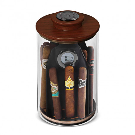 Cylindrical glass and acacia cigar jar